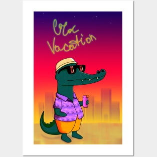 Cute crocodile in sunglasses drinking a cocktail on the beach Posters and Art